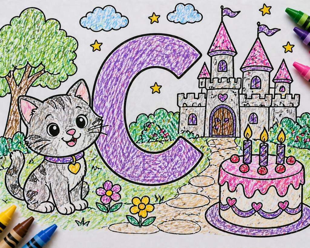 Popular coloring pages for the letter c featuring a cat and castle image 5
