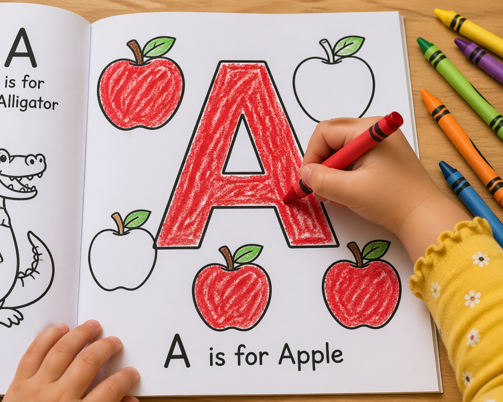 Toddler using an alphabet coloring book to learn the letter A image 1
