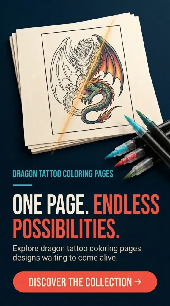 Partially colored dragon tattoo coloring page with watercolor brush pens beside it and bold text “One Page. Endless Possibilities” on a dark background