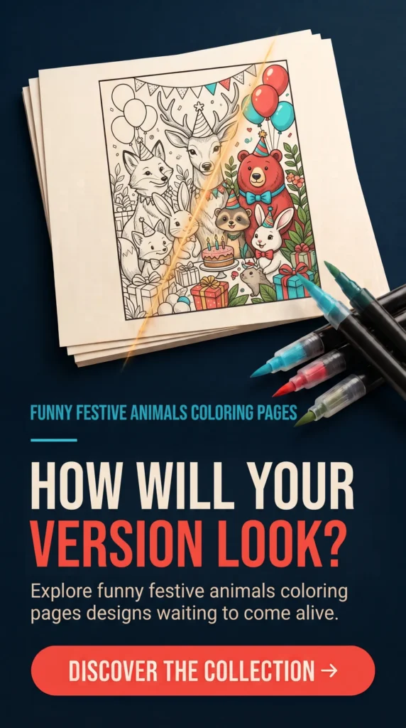 Graphic showing a half-colored festive animal coloring page with markers and text inviting you to discover the collection