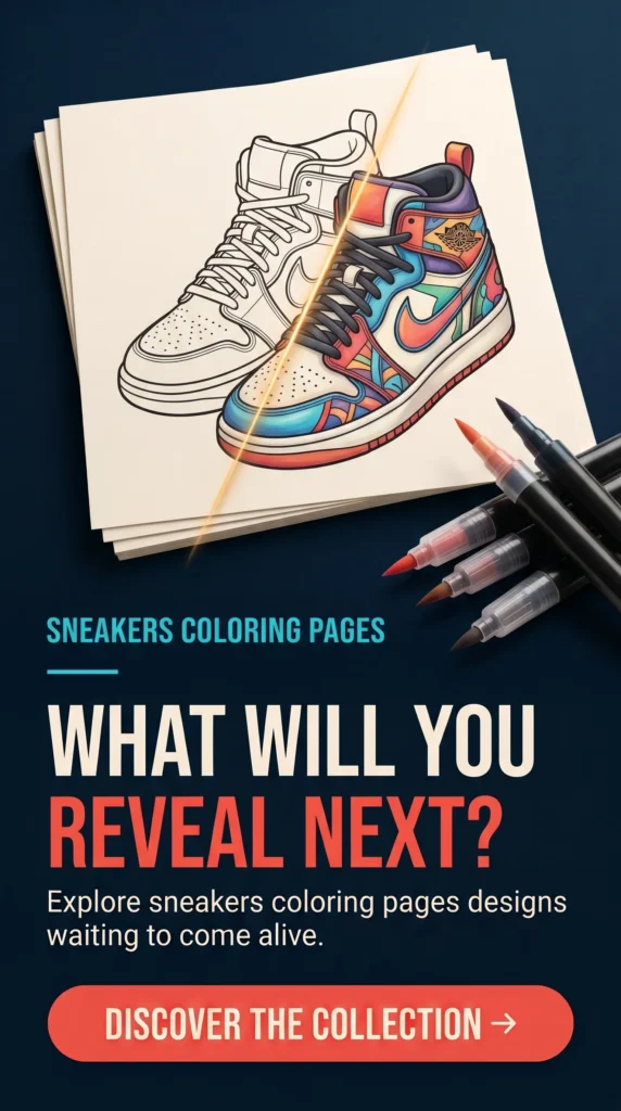 High-top sneaker illustration half outline and half in vivid hues, with markers and the words What will you reveal next?