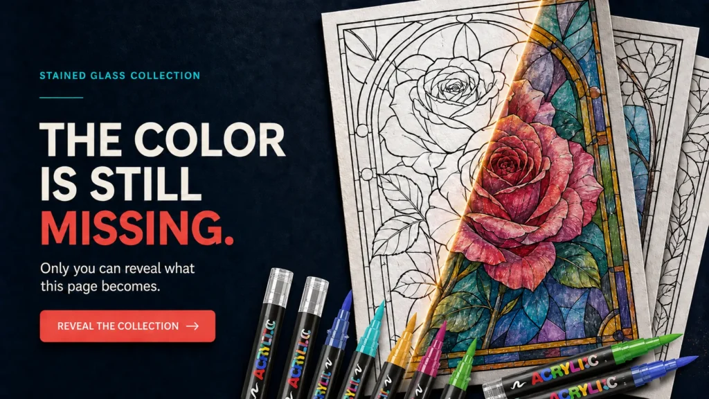 Partially colored stained-glass rose designs with acrylic paint markers below and promotional text on a dark background