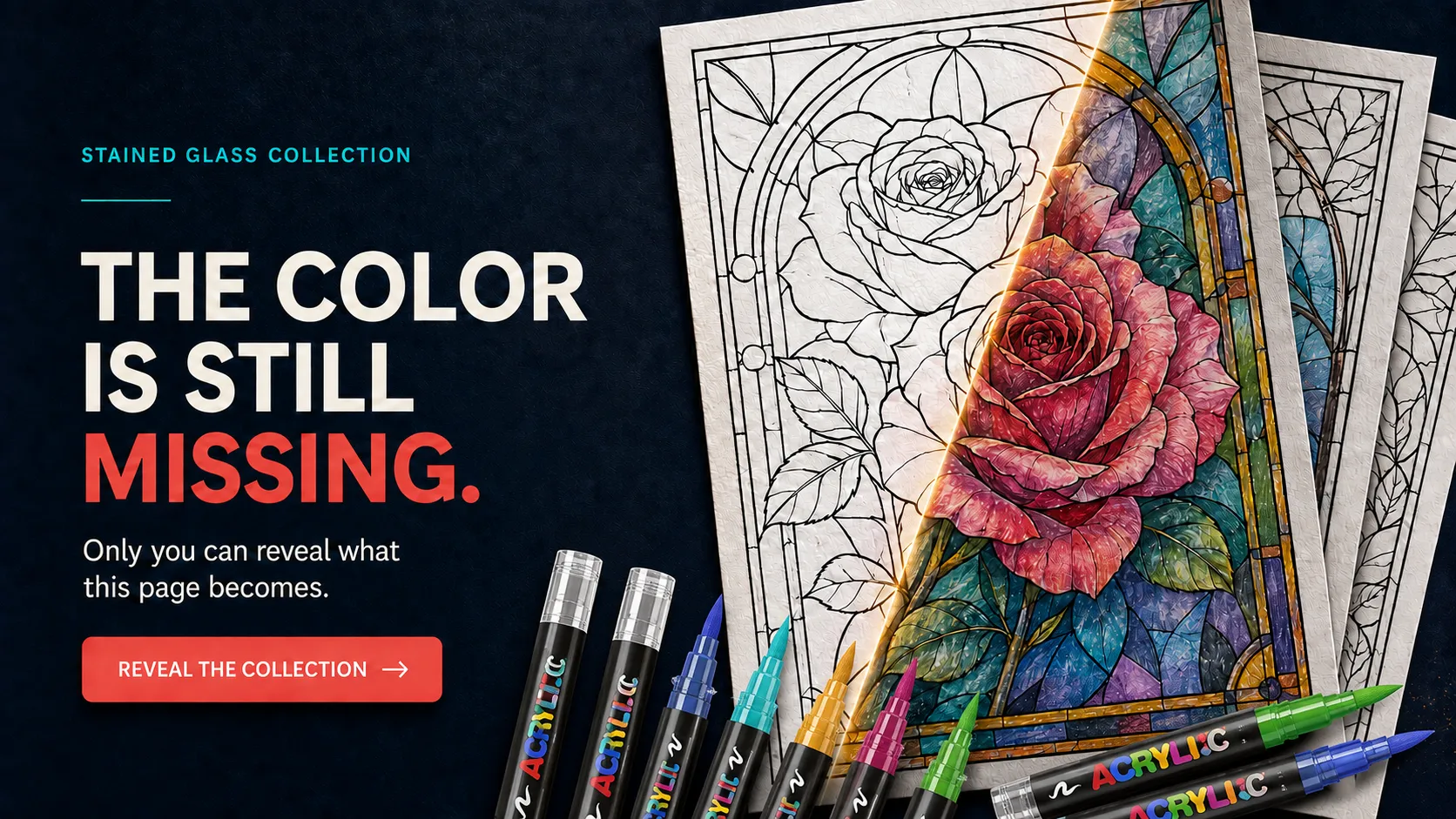 Partially colored stained-glass rose designs with acrylic paint markers below and promotional text on a dark background