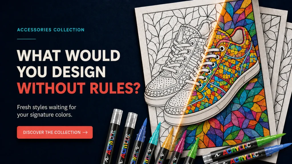Partially colored sneaker mosaic on black-and-white coloring pages, surrounded by rainbow acrylic paint markers
