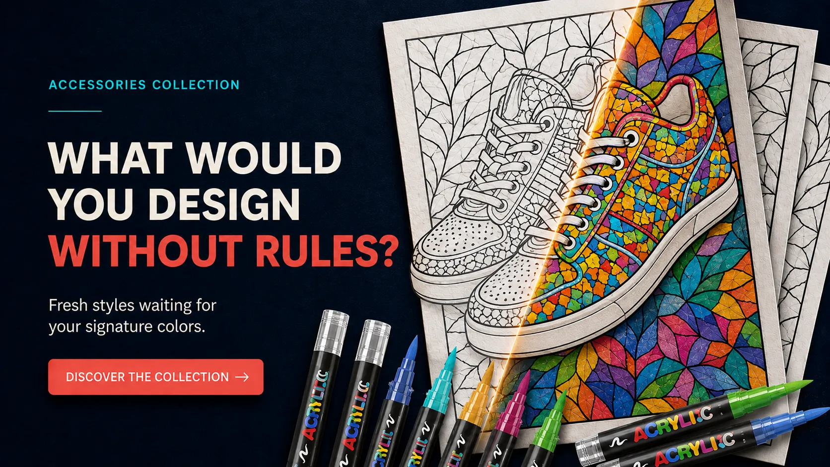 Partially colored sneaker mosaic on black-and-white coloring pages, surrounded by rainbow acrylic paint markers