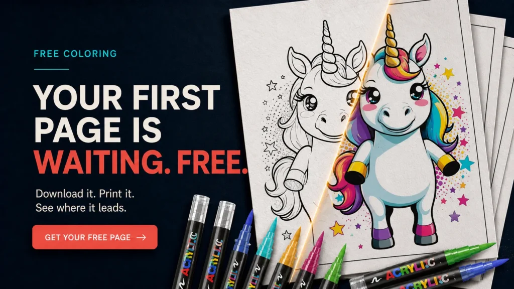 Half black-and-white, half rainbow-colored unicorn coloring sheet with acrylic markers and text offering a free download
