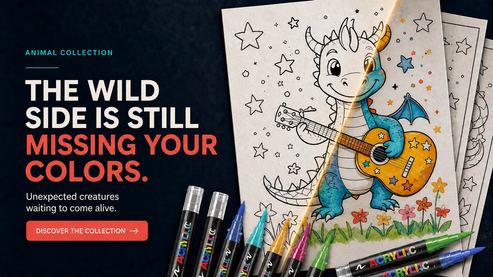 Acrylic paint markers alongside a dragon guitar coloring page shown black-and-white/vividly colored, inviting you to add color
