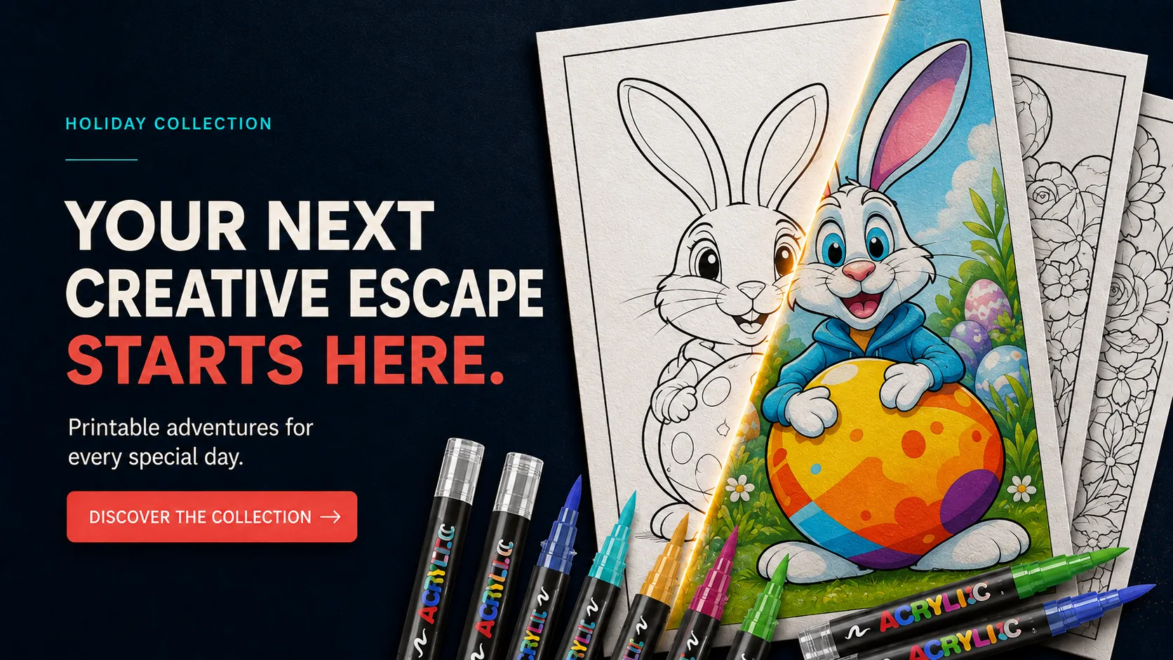 Easter coloring sheet showing a bunny with an egg half black-and-white, half brightly colored, with acrylic marker pens below