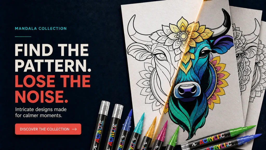 Half-colored mandala bull head with bright acrylic markers below, alongside text reading Find the pattern. Lose the noise