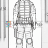A soldier character outlined for coloring, wearing tactical gear with pockets and knee pads, standing confidently.