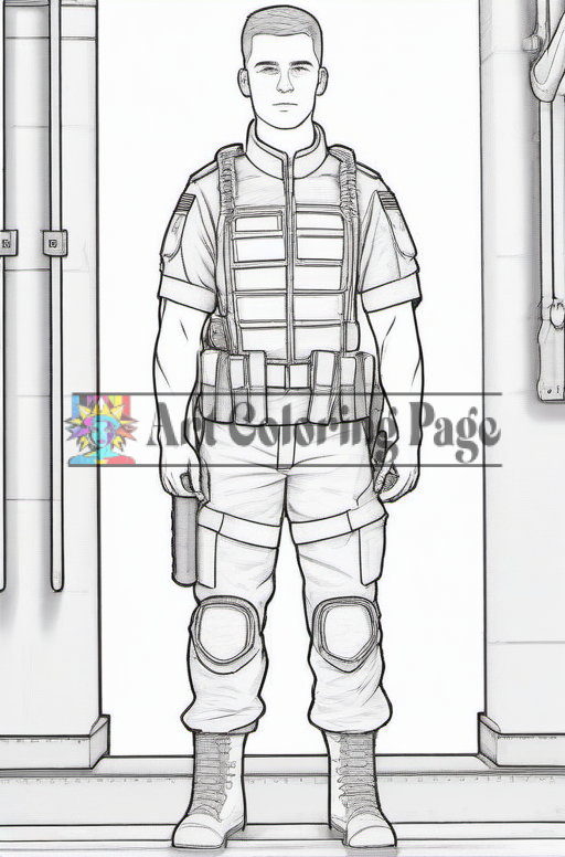 A soldier character outlined for coloring, wearing tactical gear with pockets and knee pads, standing confidently.