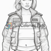 A female character with a bob haircut, wearing a military-style jacket, standing with a neutral expression, ready for coloring.
