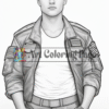 A young man in a military-style jacket stands confidently with a neutral expression, featuring no color.
