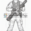 A soldier character in tactical gear holding a rifle, depicted in an outline style for coloring.