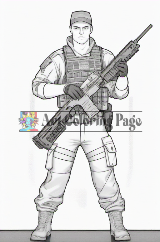 A soldier character in tactical gear holding a rifle, depicted in an outline style for coloring.