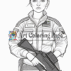 A female soldier in a military uniform stands confidently, holding a rifle, with an American flag patch on her sleeve.
