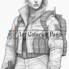 A female soldier in tactical gear with a determined expression, wearing a jacket and carrying a firearm.