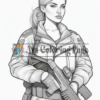 A confident female character in tactical attire holds a rifle, featuring a ponytail and a serious expression.