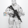A detailed line drawing of a soldier in camouflage uniform holding a rifle, with a neutral background.