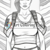 A confident female character with short hair, wearing a cropped top and cargo pants, standing against a background of American flags.