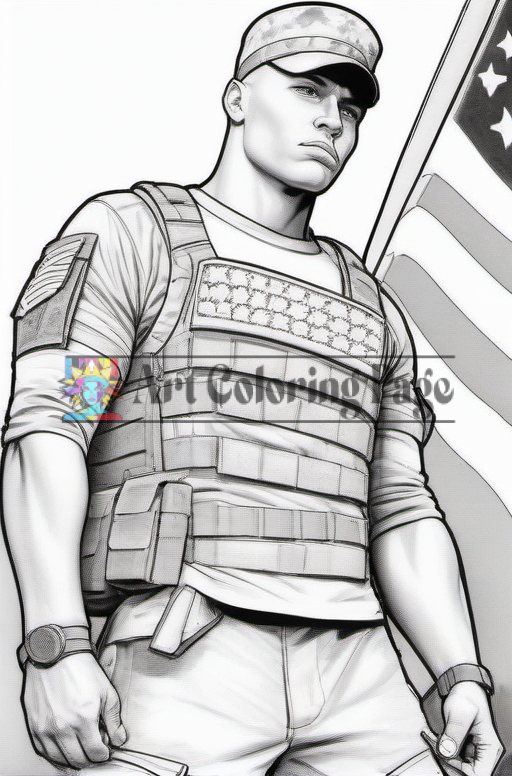 A muscular soldier in camouflage uniform stands proudly next to an American flag, displaying determination and strength.