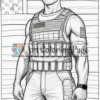 A muscular soldier wearing tactical gear stands confidently in front of a waving American flag, showcasing patriotism.