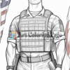 A confident soldier stands with a serious expression, wearing tactical gear and holding weapons, flanked by American flags.