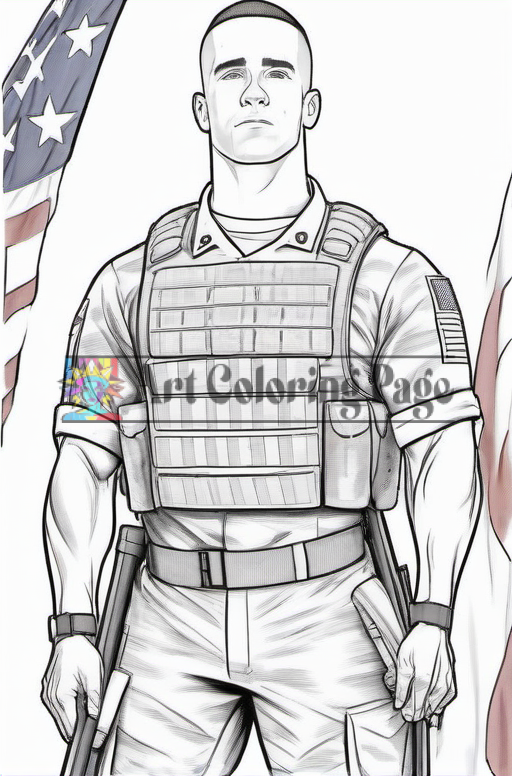 A confident soldier stands with a serious expression, wearing tactical gear and holding weapons, flanked by American flags.