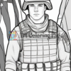 A soldier in tactical gear stands confidently, with an American flag in the background. The image is designed for coloring, featuring bold outlines.