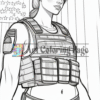 A strong female character wearing a tactical vest, standing confidently in front of a background with stars.
