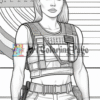 A strong female character in tactical gear, posed against a backdrop of stars and stripes, holding a weapon.