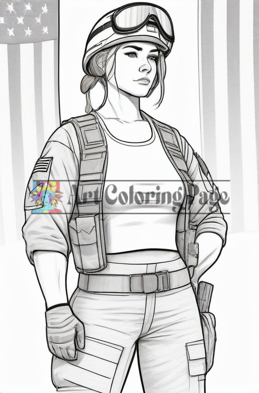 A confident female soldier stands in front of American flags, wearing tactical gear and goggles, with a sidearm at her hip.