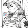 A confident female soldier in tactical gear with a cap, featuring an American flag patch and a determined expression.