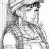 A female character with short hair and a cap, wearing a tactical vest with an American flag patch, stands against a wall.