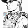 A soldier in tactical gear with a baseball cap, featuring an American flag patch on the arm and a stern expression.