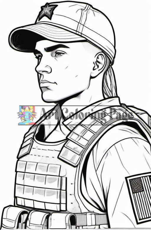 A soldier in tactical gear with a baseball cap, featuring an American flag patch on the arm and a stern expression.