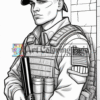 A muscular soldier in tactical gear leans against a wall, holding a rifle, with an American flag patch on his arm.