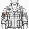 Line drawing of a male soldier wearing a military uniform with pockets and an American flag patch.