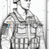 A soldier in tactical gear stands confidently, wearing a helmet and sunglasses, with military badges on his uniform.