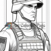 A serious-looking soldier in a camouflage hat and tactical vest, featuring an American flag patch on his arm.