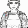 A female soldier with short hair, wearing a military helmet and uniform, looking directly at the viewer.