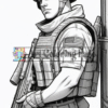 A soldier in tactical gear holds a gun, with a serious expression and an American flag patch on his shoulder.
