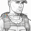 A soldier with a cap and tactical vest, depicted in a detailed line art style.