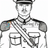 A soldier in a military uniform with epaulettes and a hat, featuring a stern expression and a shoulder strap.