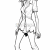 A zombie woman with a pale complexion and disheveled hair, wearing a white blazer and skinny pants, stands in a menacing pose.