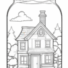 A detailed line art illustration of a house inside a jar, surrounded by trees and clouds, designed for coloring.