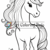 A detailed black and white outline of a unicorn with a flowing mane, standing among roses, suitable for coloring.