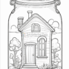 A whimsical illustration of a house inside a glass jar, surrounded by trees and bushes, ready for coloring.