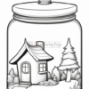 A whimsical drawing of a small house within a glass jar, surrounded by trees and rocks, featuring a cozy landscape.