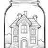 A whimsical house illustration inside a glass jar, featuring details like windows, a door, and surrounding bushes.